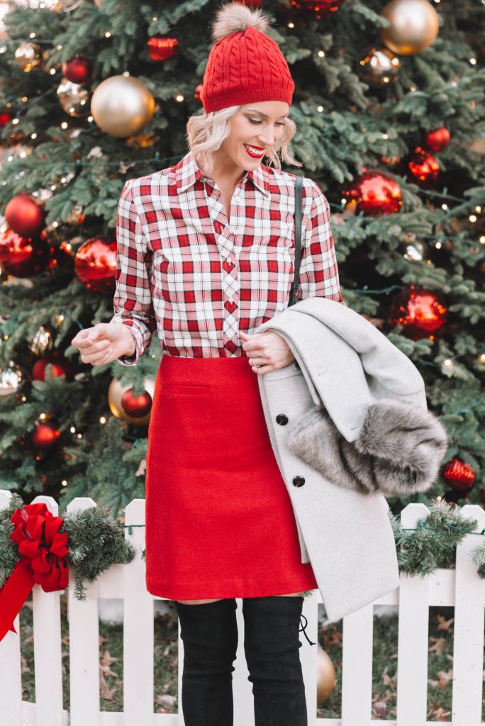 red beanie, red and white plaid button up, red a-line skirt