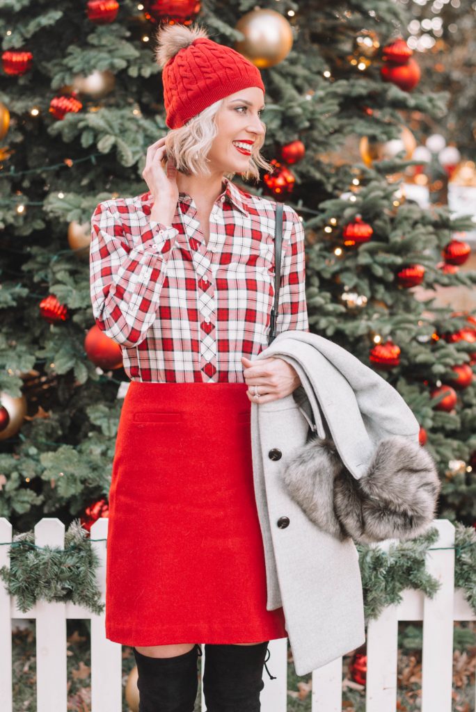 adorable dressy holiday outfit, red skirt, red and white plaid shirt, red beanie, Christmas tree