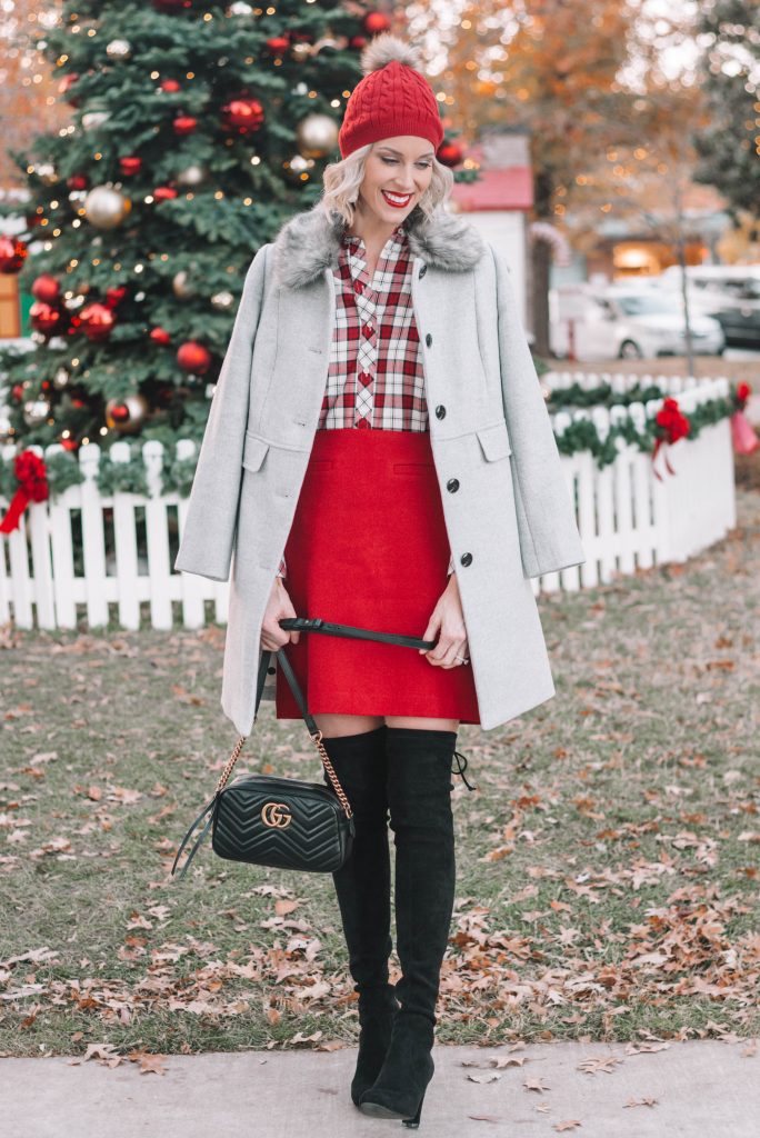festive holiday outfit, red skirt, red plaid top