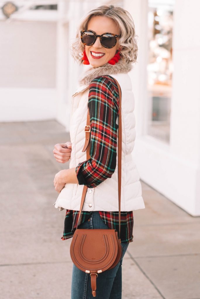 plaid flannel shirt with cream puffer vest #holiday #Christmas #plaid #flannel 
