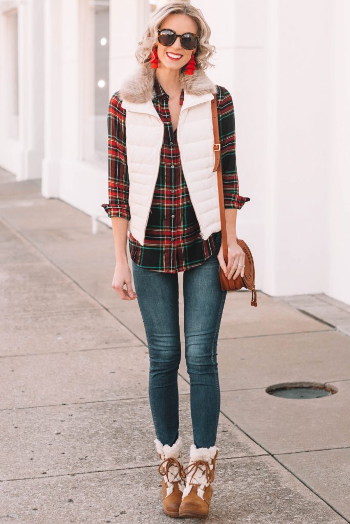 3 reasons to layer with a vest this season, cream puffer vest with plaid flannel and jeans #holiday #Christmas #plaid #flannel #Sorelboots #furryboots