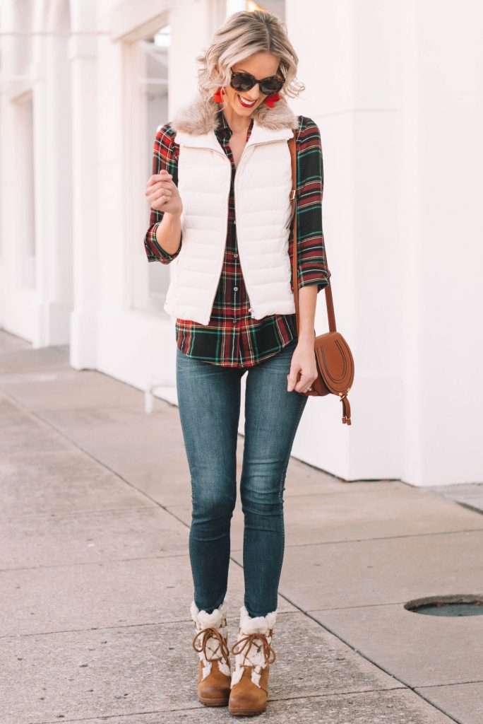 cutest casual outfit for winter, puffer vest, plaid #holiday #Christmas #plaid #flannel #Sorelboots #furryboots