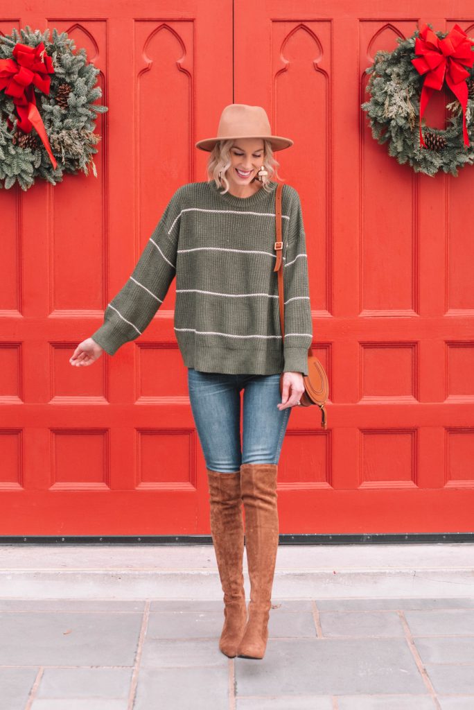 easy sweater and boots combo, camel over the knee boots, green striped sweater