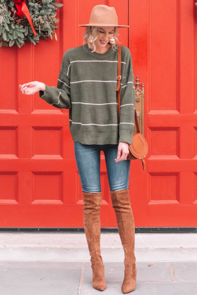 cute and casual holiday outfit, green striped sweater with brown accessories