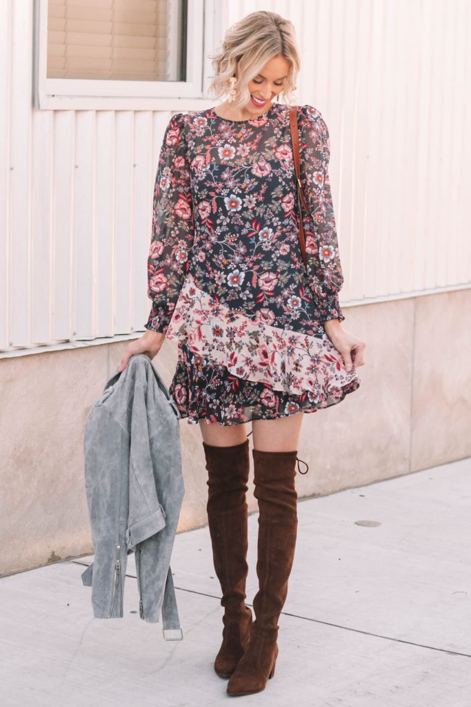 gorgeous longe sleeve floral mini dress with over the knee boots and a suede jacket