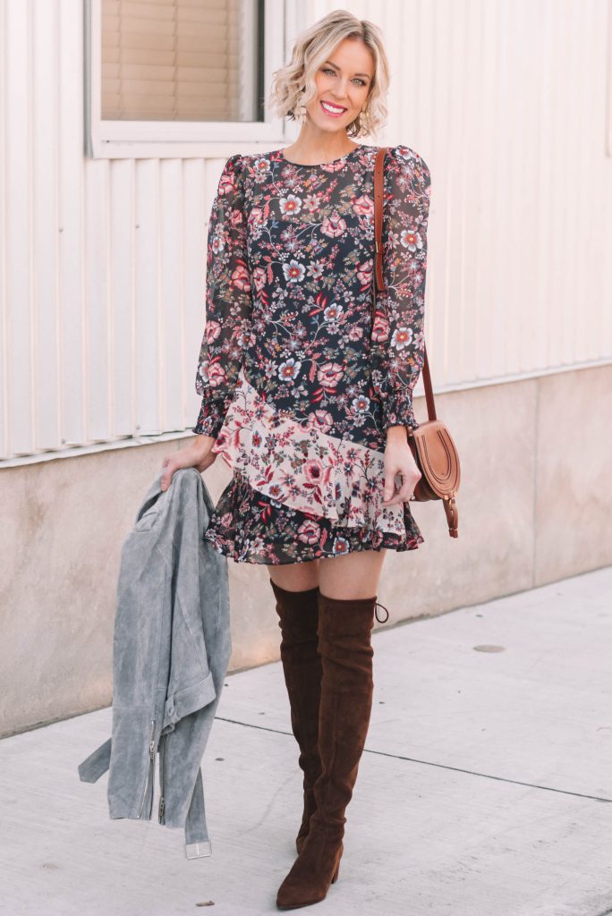 long sleeve floral dress styled for winter