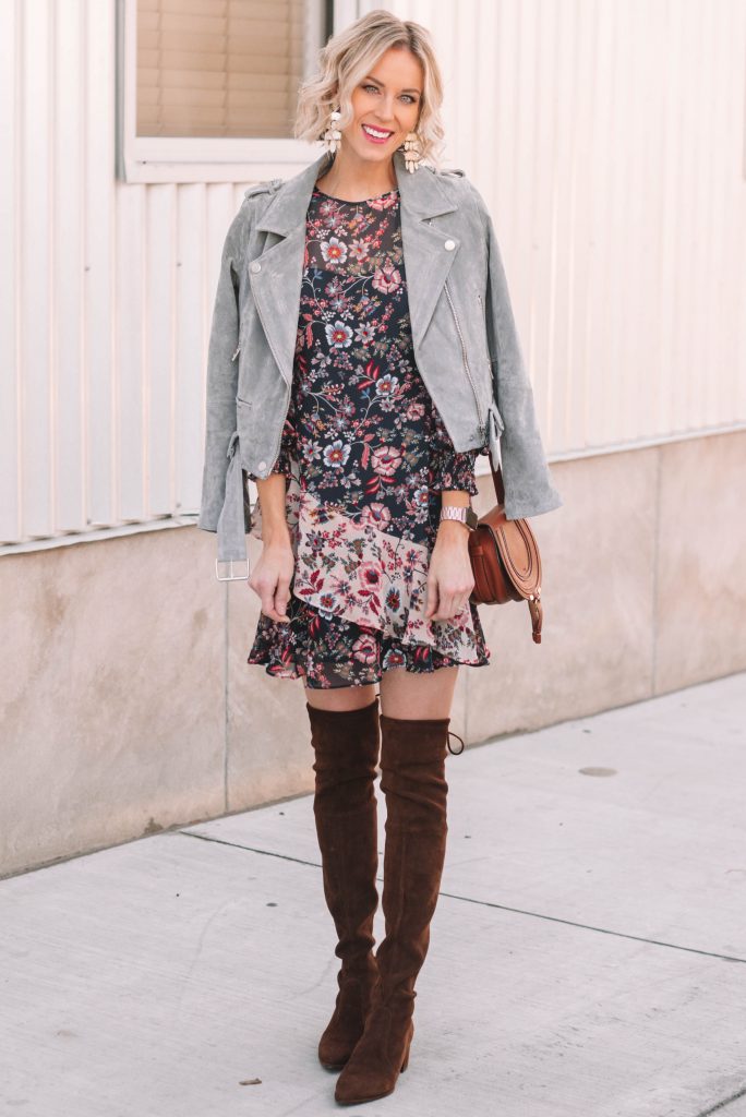 suede moto jacket with floral dress and over the knee boots