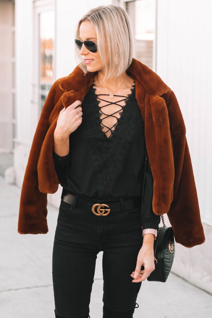 black lace up blouse with straight bob hair
