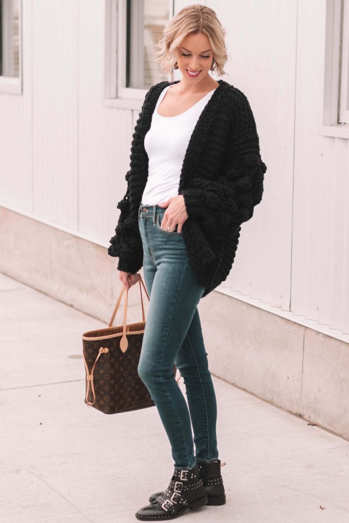 casual cute winter look, cardigan and jeans