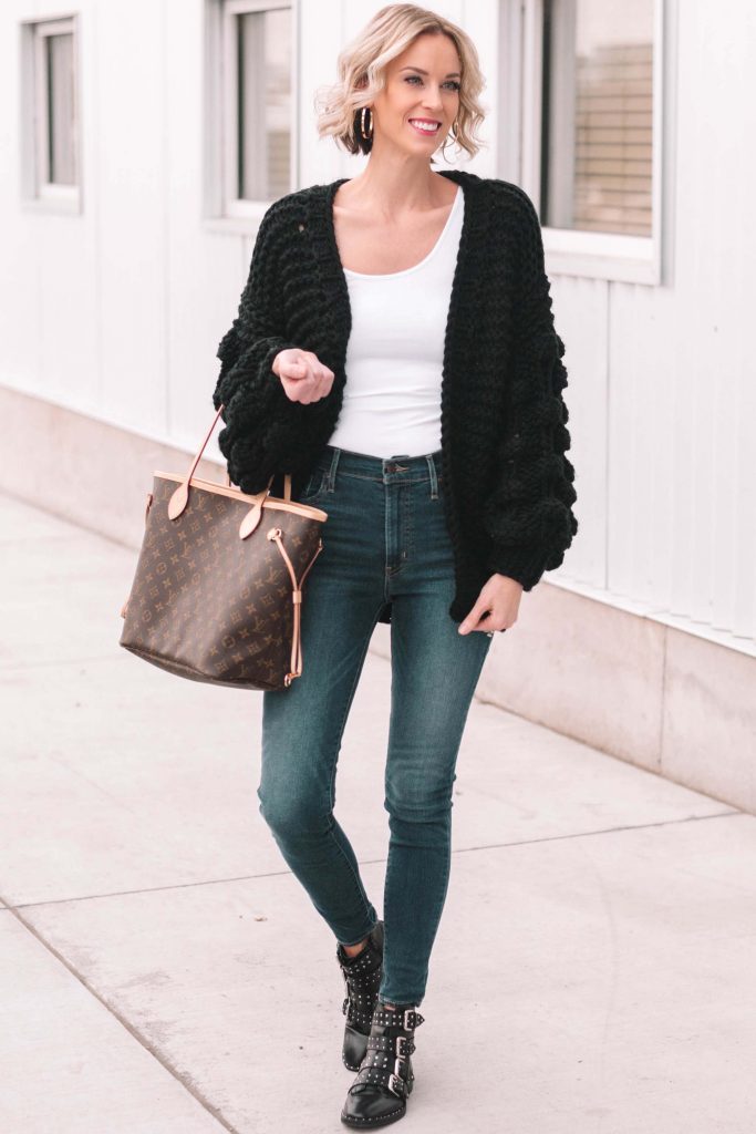 casual winter outfit with black cardigan and jeans