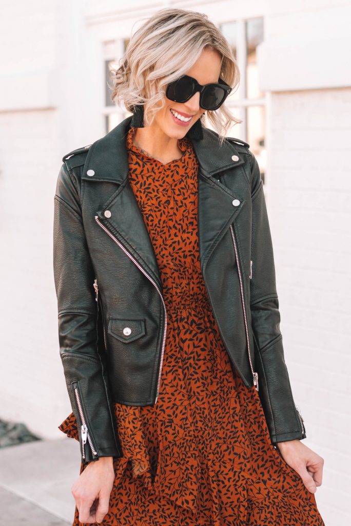 black and brown, brown dress with black leather jacket