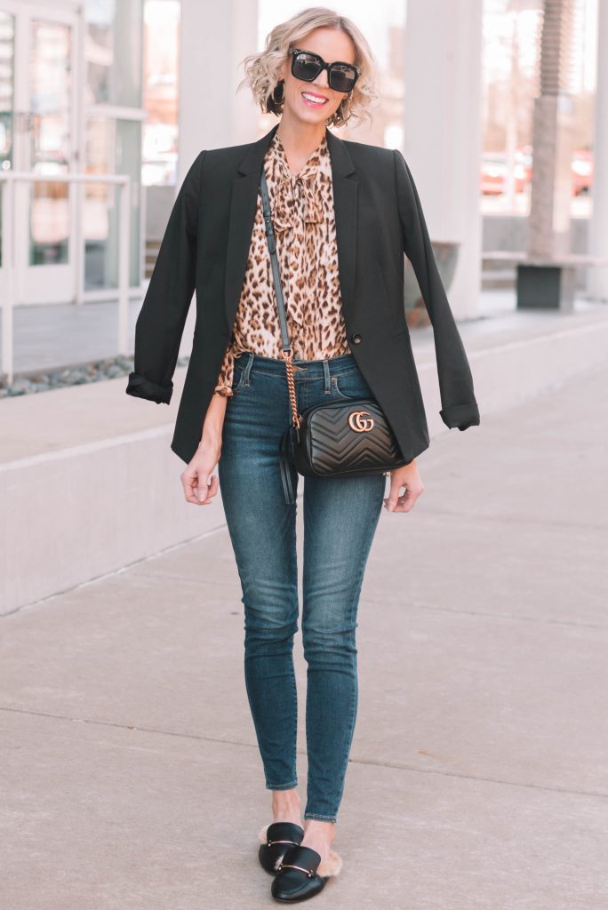 leopard blouse with bow detail, blazer, skinny jeans