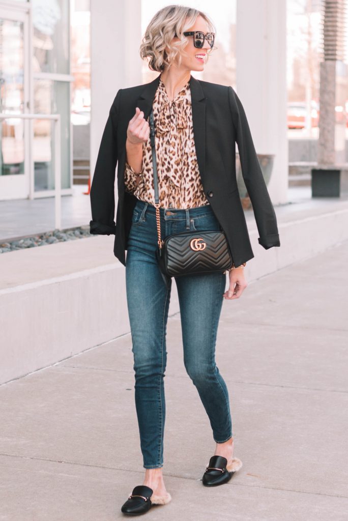 polished business casual look, leopard blouse, black blazer, skinny jeans