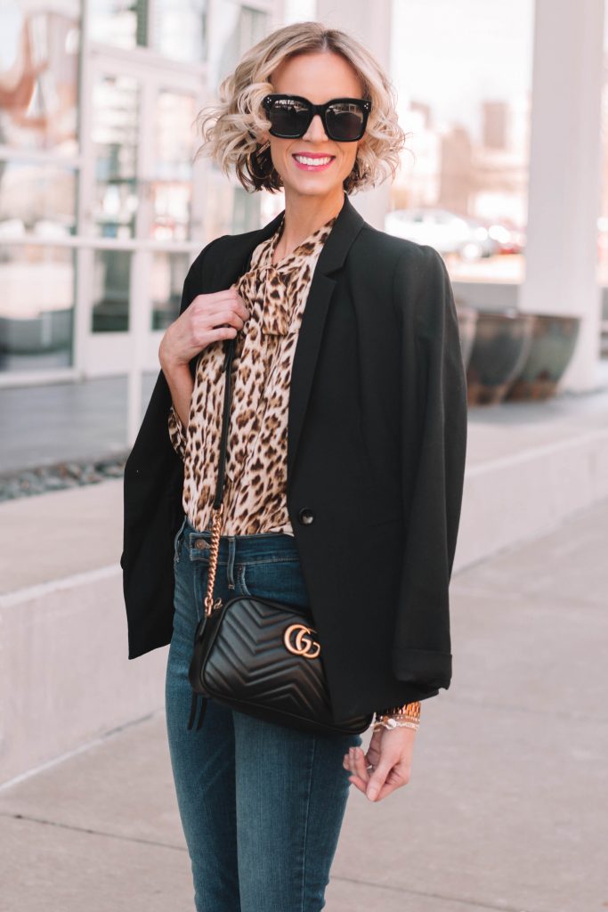 adorable leopard blouse with a bow, black blazer