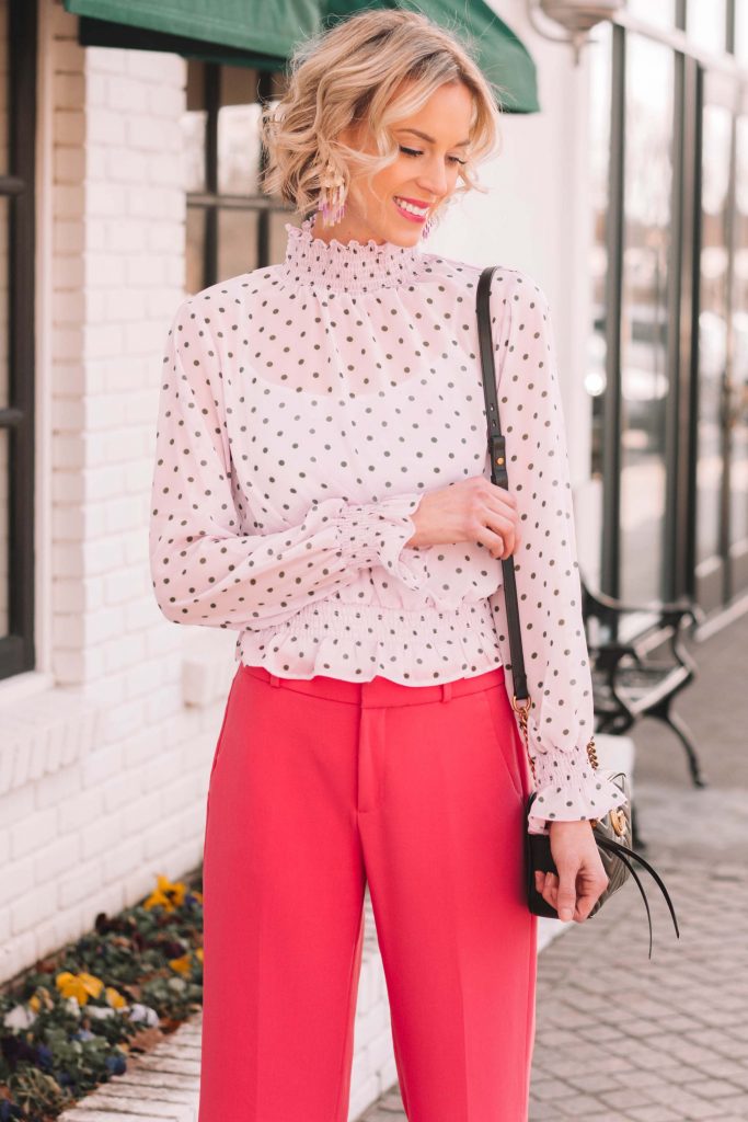 lilac polka dot blouse with pink pants