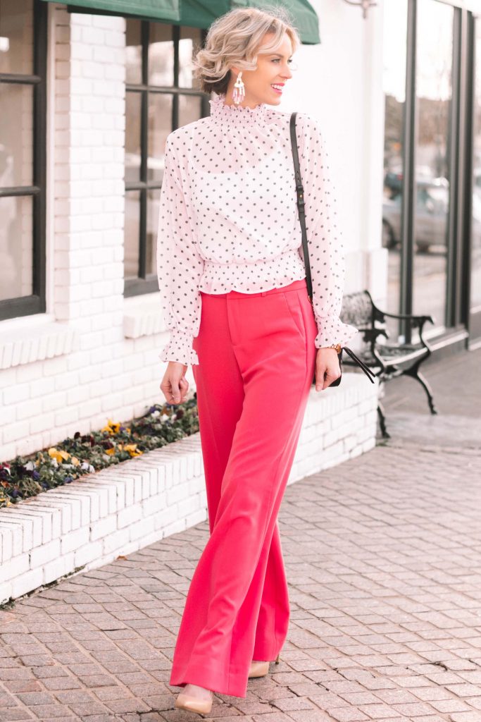 what to wear to work in the winter, winter work outfit idea, pink trouser pants
