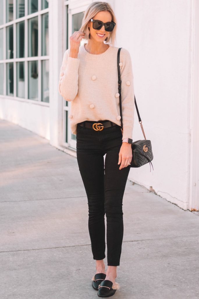 cute winter casual outfit, sweater and jeans
