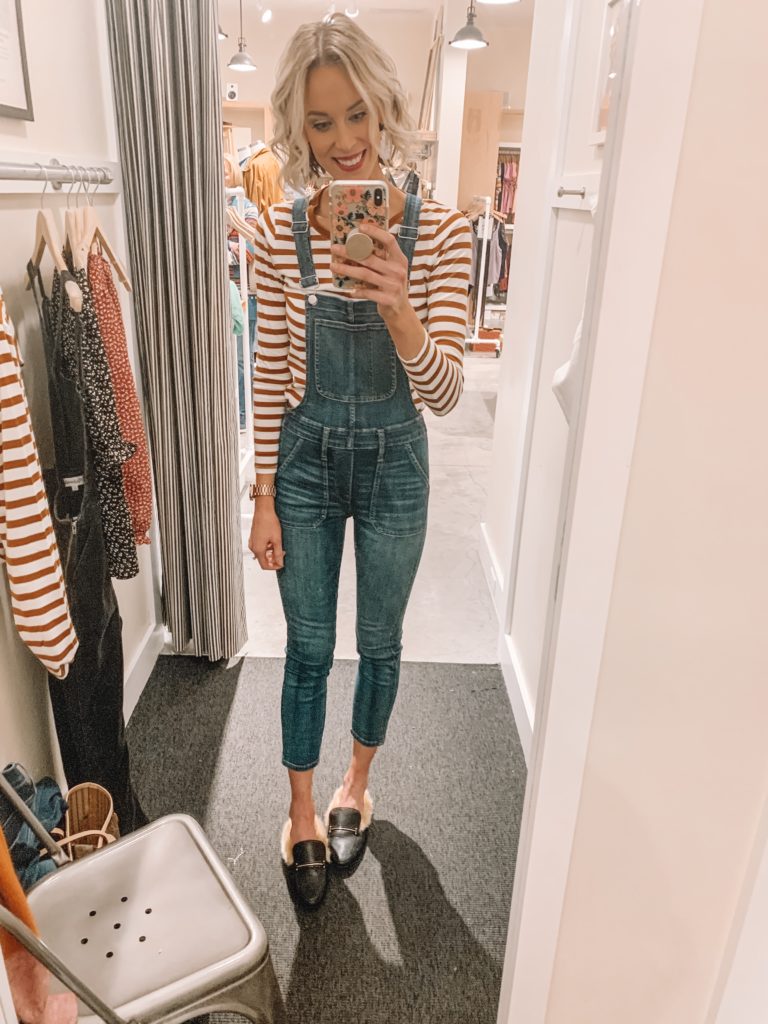 madewell skinny denim overalls with striped shirt