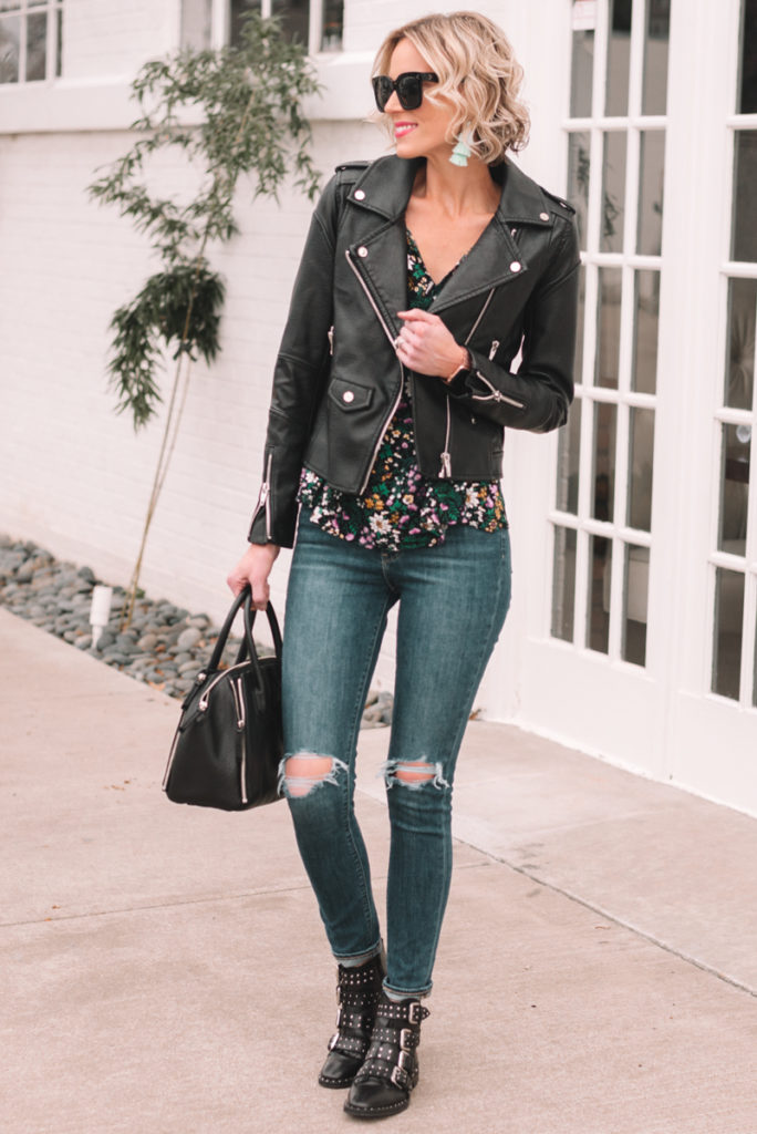 floral blouse and moto jacket for spring