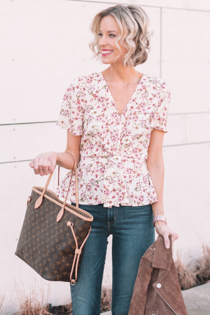 twist front floral peplum blouse for spring