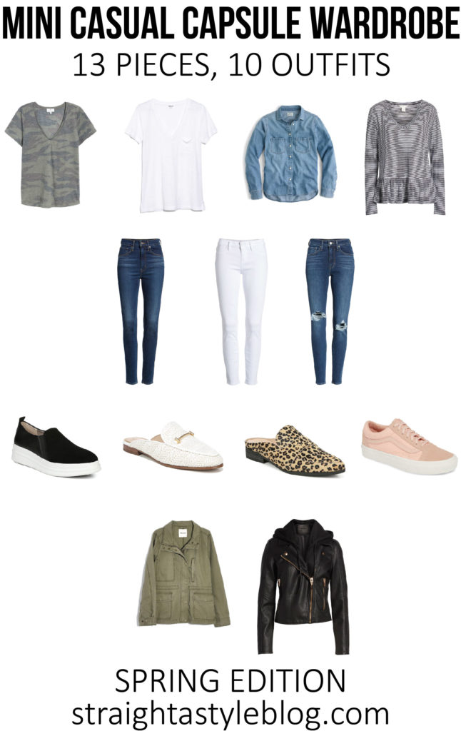 mini casual capsule wardrobe - 13 pieces, 10 outfits, post with everything you need to easily mix and match your closet using basics you already have 