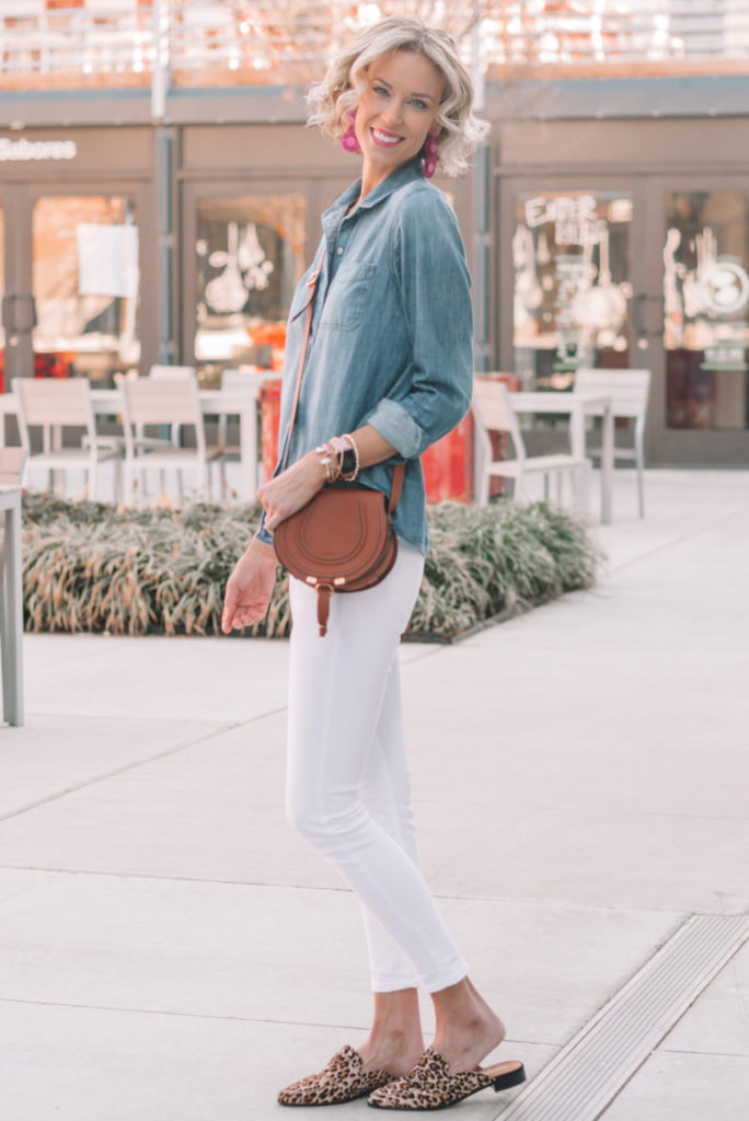 chambray shirt with white jeans and leopard shoes