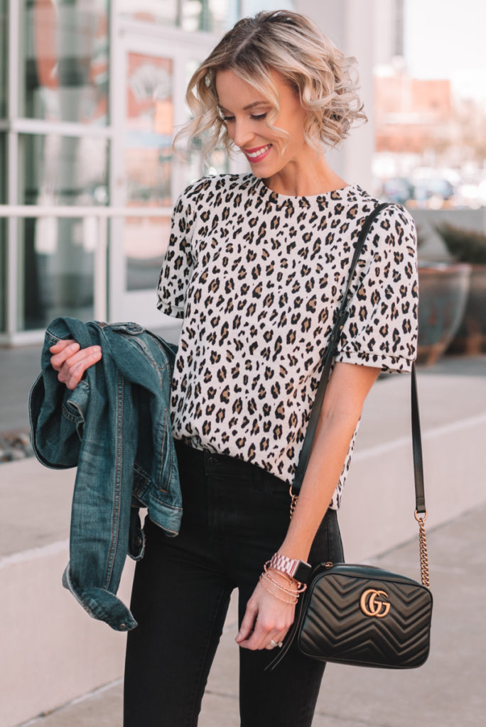 leopard top with black jeans