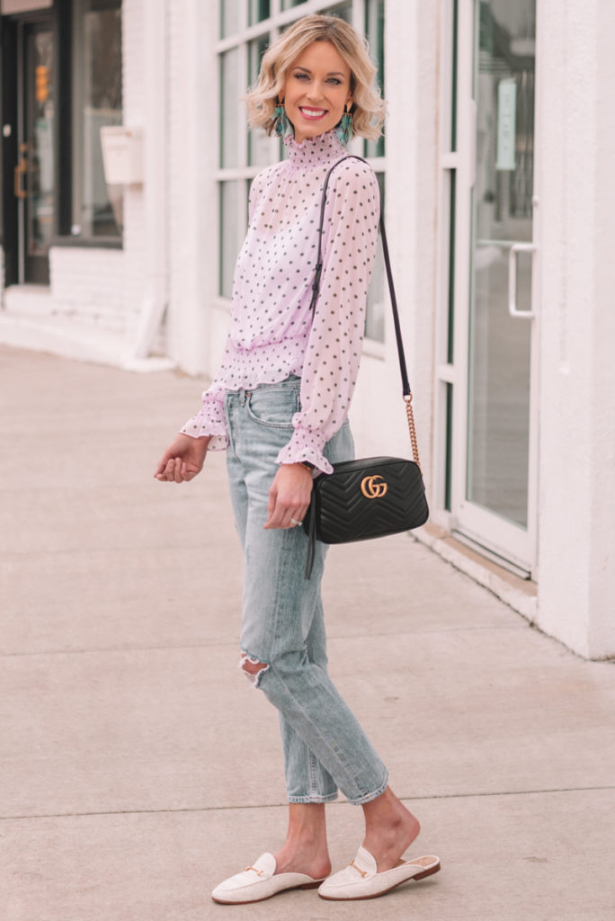 styling cropped jeans for spring, how to wear cropped jeans, lavender polka dots