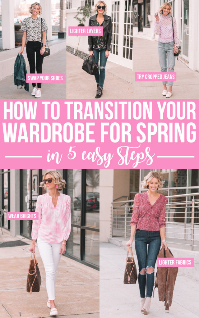 how to transition your wardrobe from winter to spring in 5 easy steps, blog post with tips about spring outfits, wearing lighter layers for spring, spring outfit ideas, how to dress for spring
