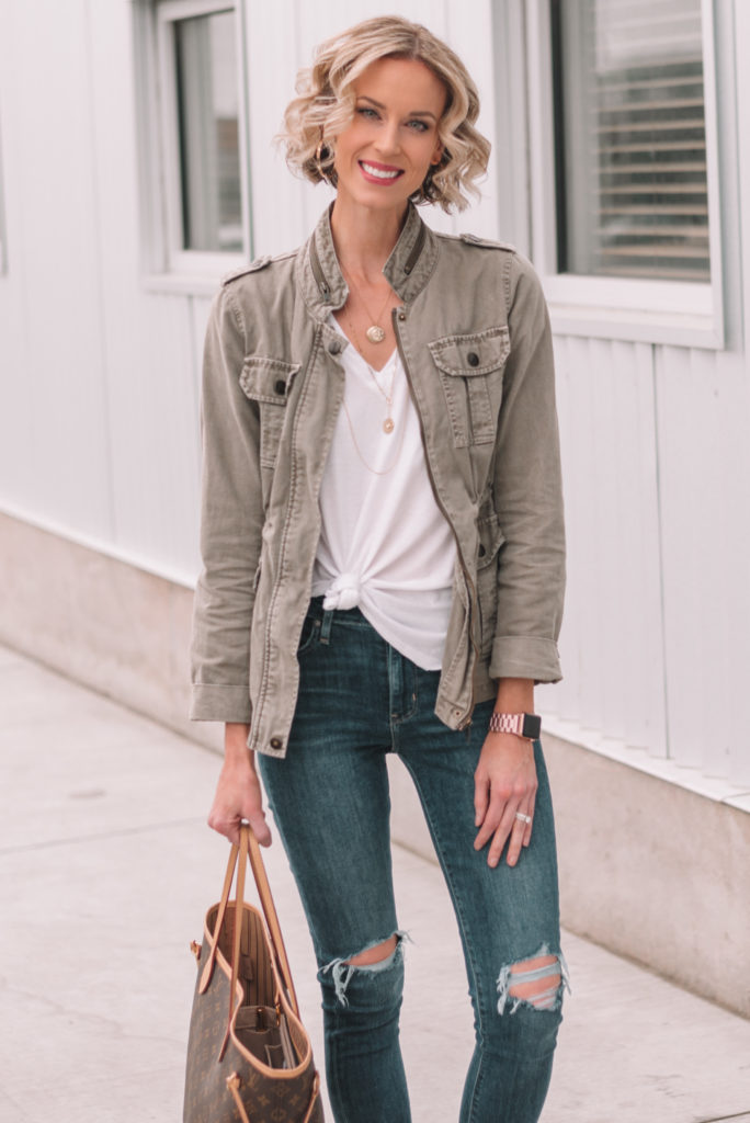 utility jacket with a white t-shirt and distressed jeans, mini casual capsule wardrobe, 4 ways to wear a white t-shirt