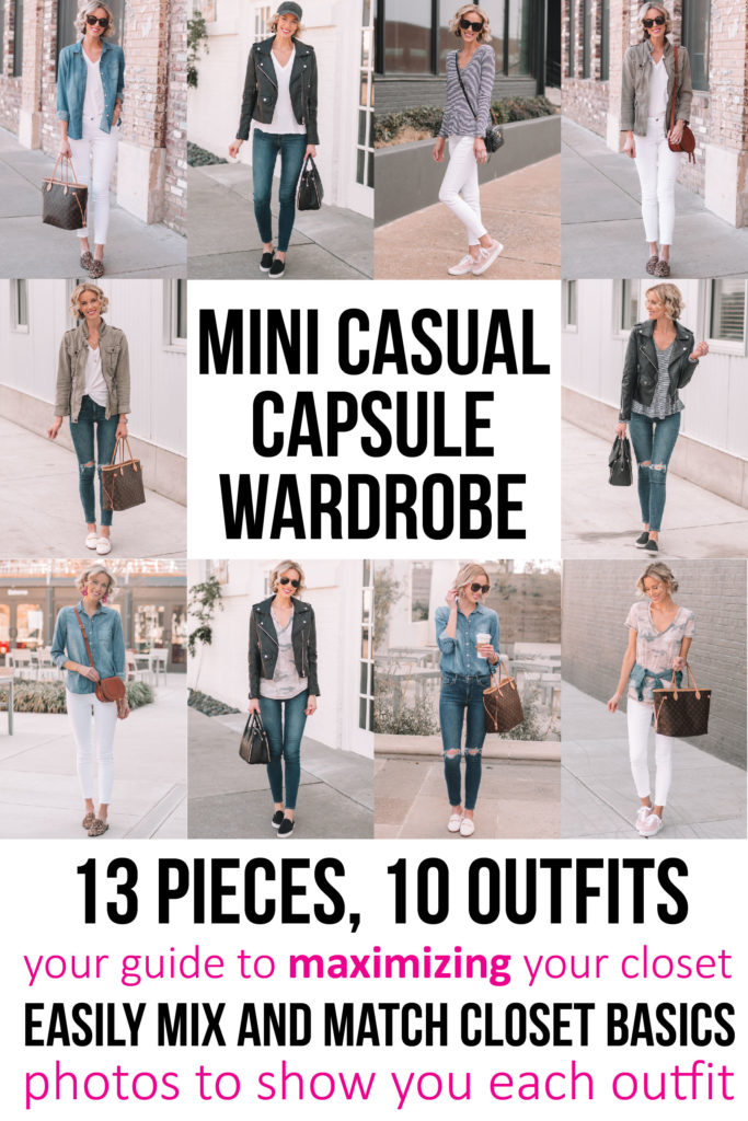 mini casual capsule wardrobe - 13 pieces, 10 outfits, post with everything you need to easily mix and match your closet using basics you already have, your guide to maximizing your closet