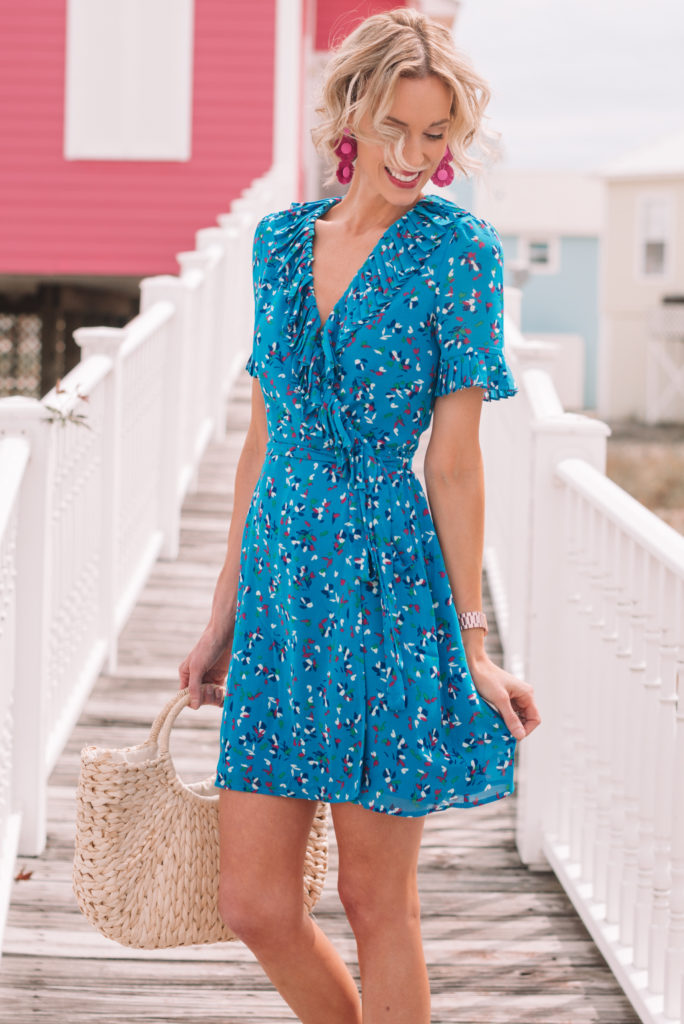 gorgeous blue wrap style dress for summer with confetti style print and ruffle detailing