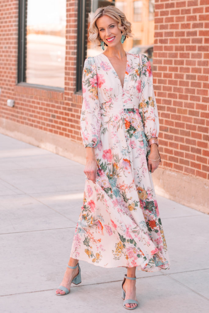 gorgeous floral maxi dress perfect for spring, Easter dress outfit idea, the most flattering shape of dress for any body type