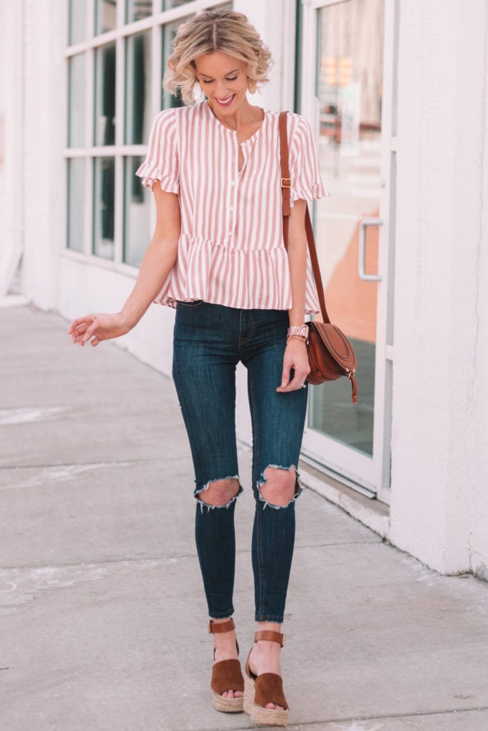 my spring favorites, striped peplum top, distressed jeans, espadrille wedges