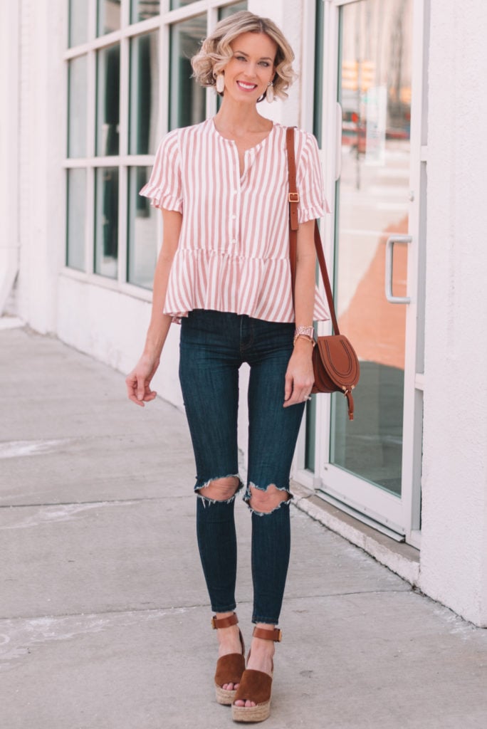 spring outfit idea, striped peplum top, cognac wedges that go with everything - click for coupon code