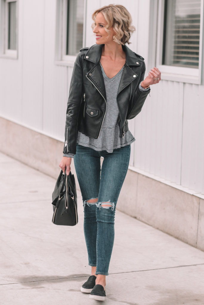 mini casual capsule wardrobe, 13 pieces, 10 outfits - skinny jeans, striped peplum shirt, black leather jacket