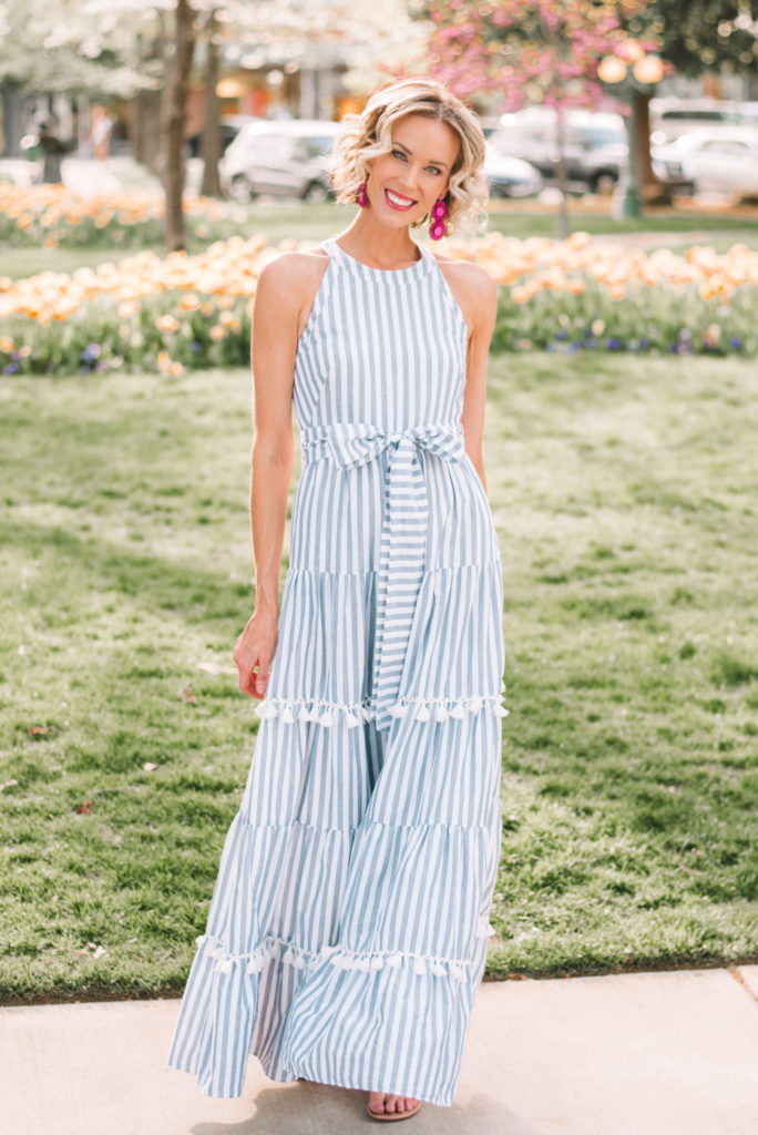 gorgeous blue and white striped maxi dress