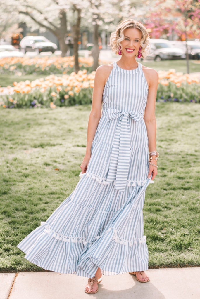 striped maxi dress, blue and white tiered maxi dress