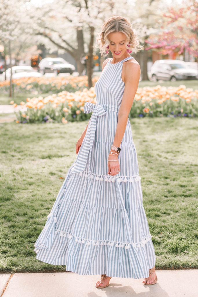 gorgeous blue and white striped maxi dress with bow belt at waist