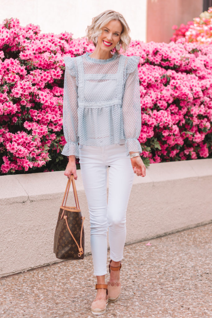 adorable spring outfit, white jeans, cute blue lace top