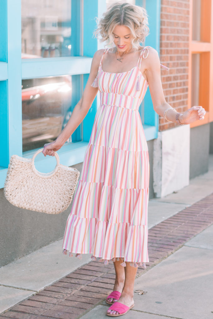 adorable striped midi dress with tie shoulders and tassel details