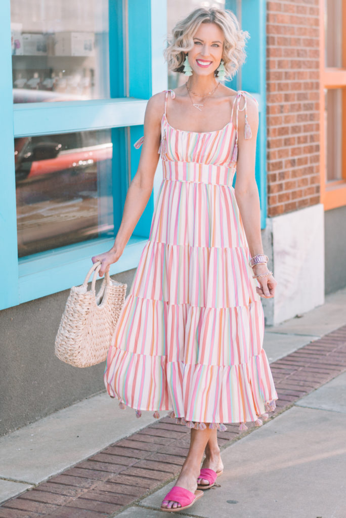 adorable striped midi dress with tie shoulders and tassel details