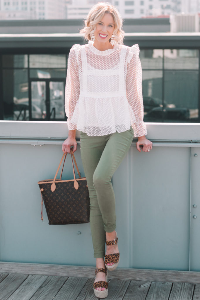leopard espadrilles with olive skinny jeans and white blouse