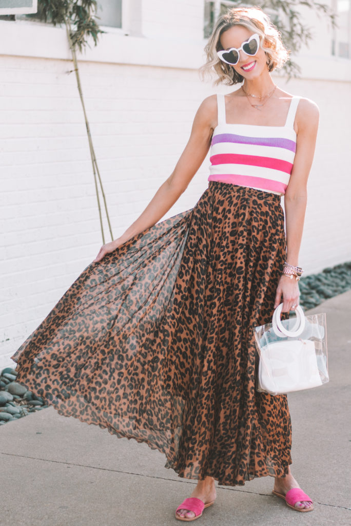 leopard maxi skirt with striped crop top