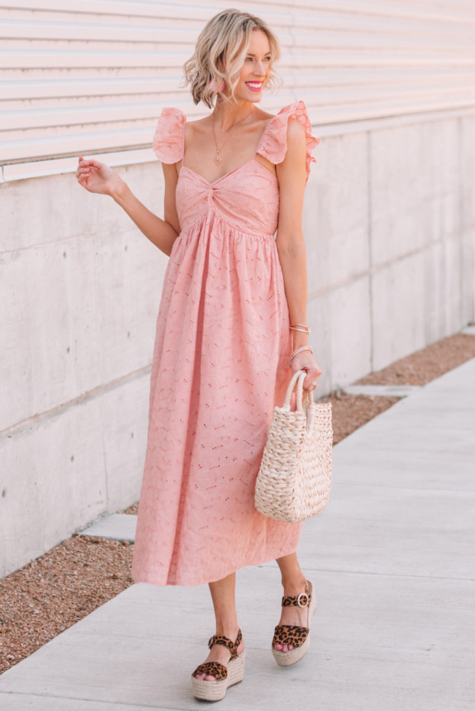pink dress for summer worn with leopard espadrilles