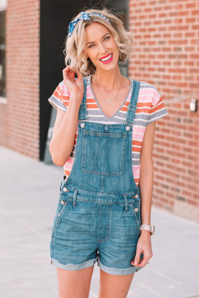 denim overalls with striped t-shirt
