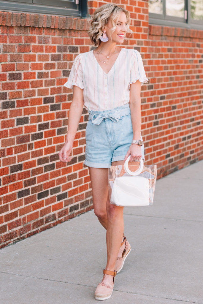 denim paperbag shorts with a button front top and flats, cute summer shorts outfit
