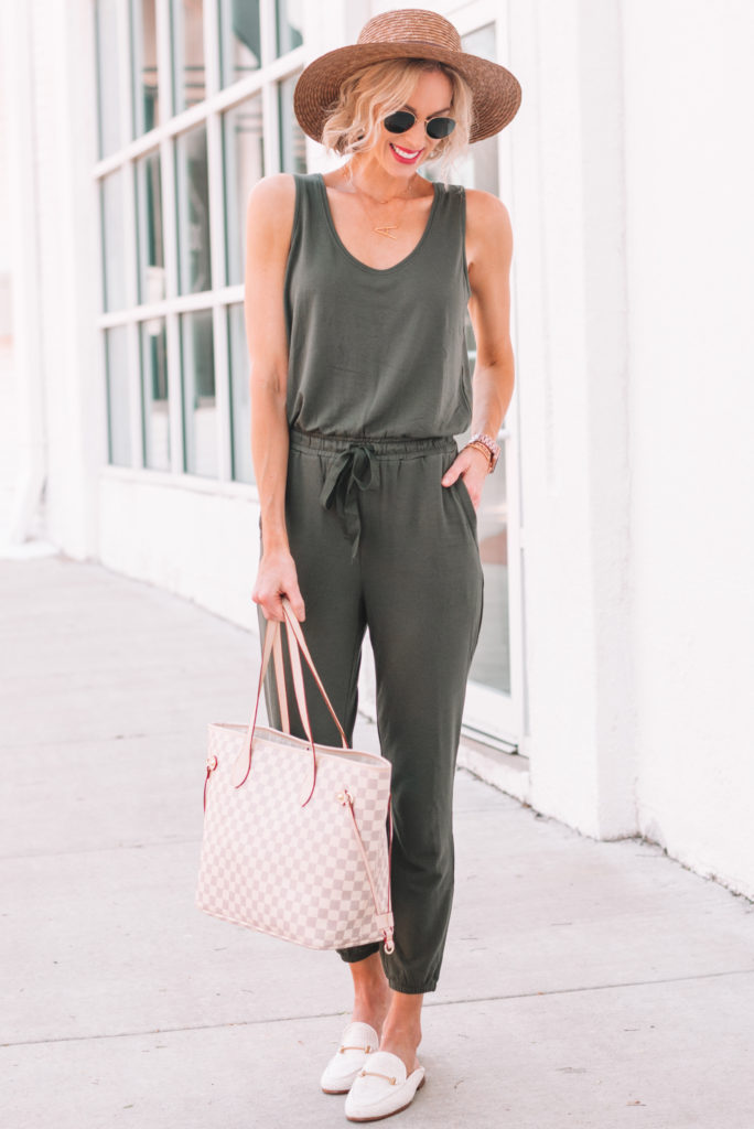 how to style a jumpsuit for summer, stylish and comfortable outfit for moms, olive jumpsuit