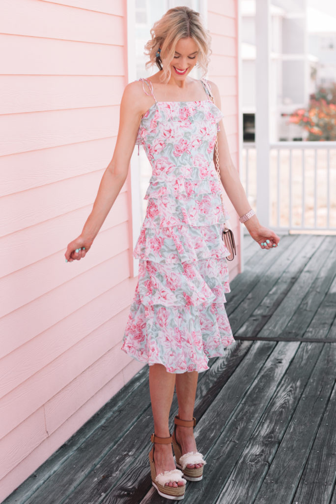 feminine floral midi dress perfect for summer occasions, summer wedding guest dress