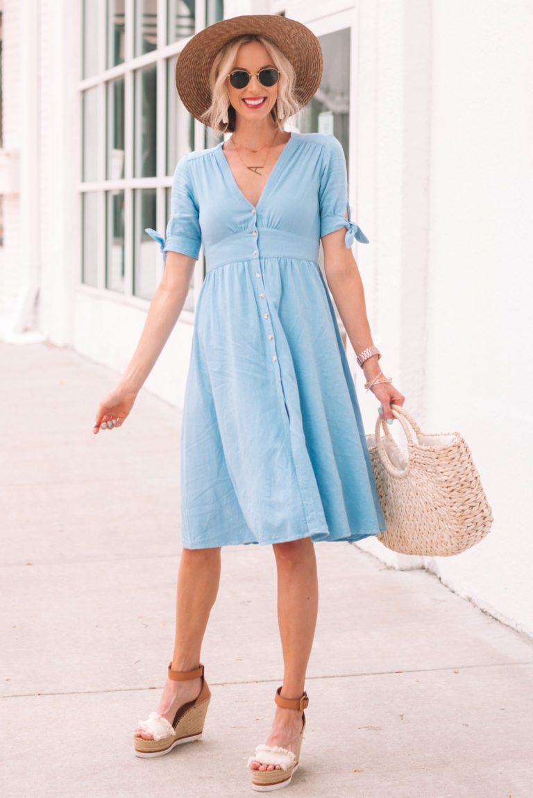 Blue Button Front Midi Dress - Straight A Style